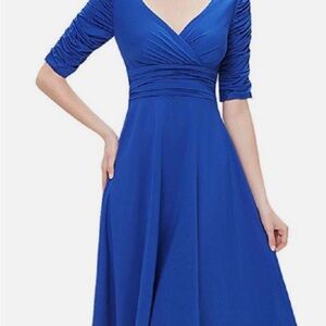 EVER-PRETTY 3/4 SLEEVE RUCHED WAIST CLASSY V-NECK COCKTAIL DRESS, BLUE,